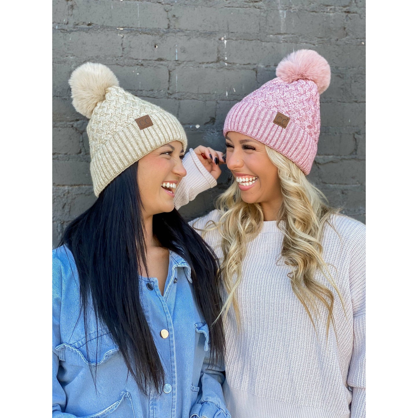 Woven Cable Knit Cuffed Matching Fur Pom C.C Beanie HAT3861