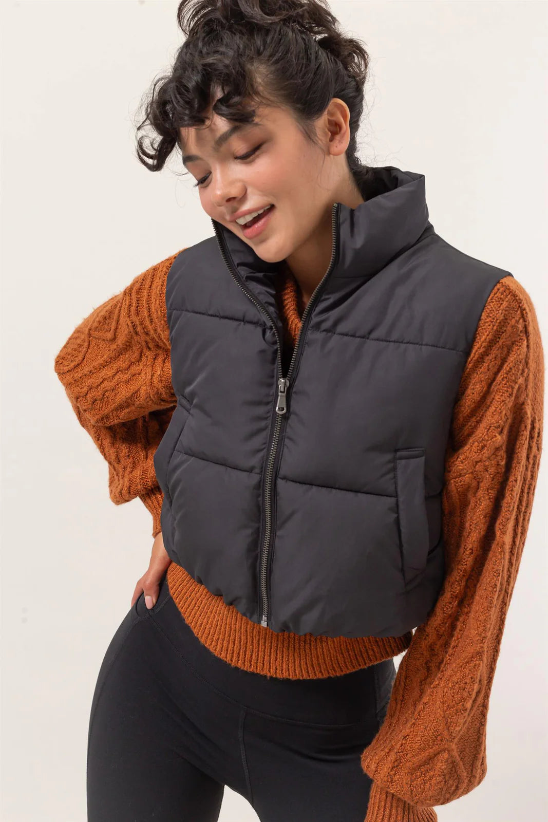 Cropped Zipper Closure Puffer Vest