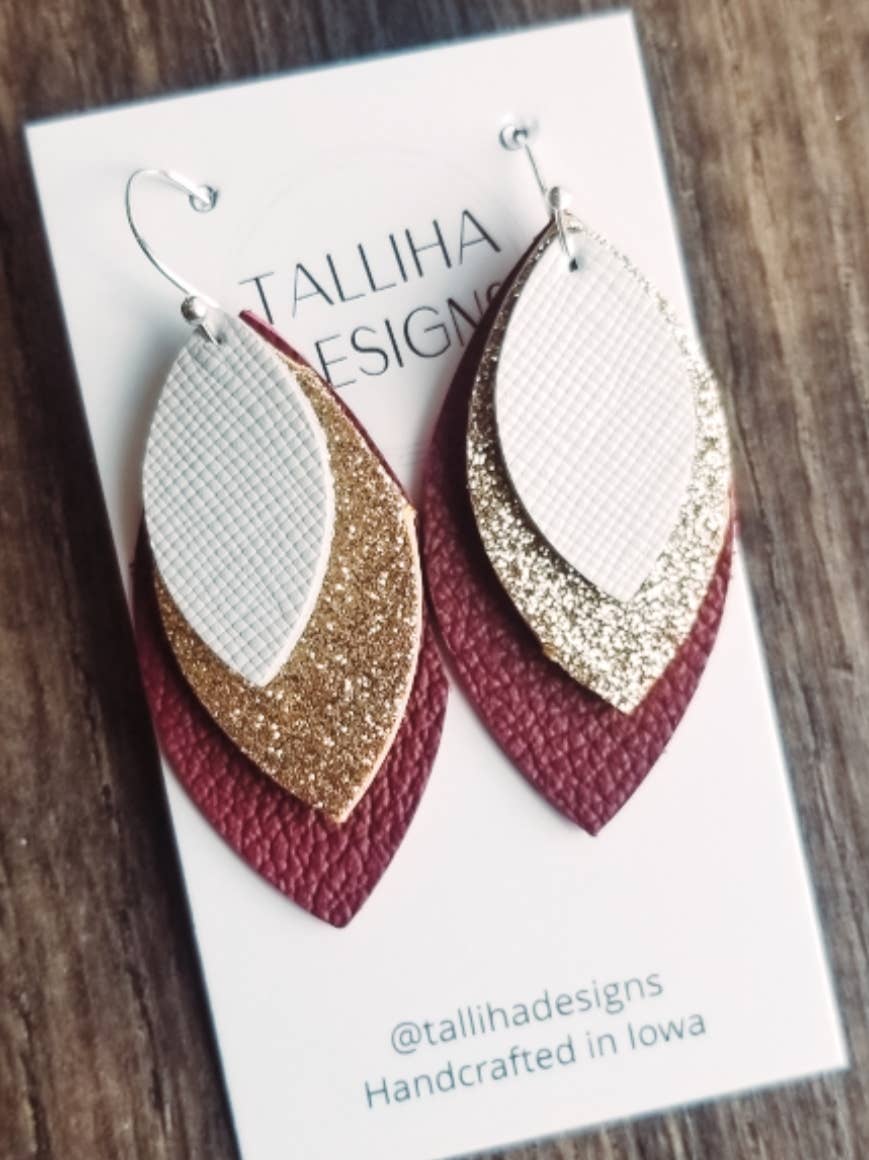 Dark Red Gold & White Team Spirit Earrings