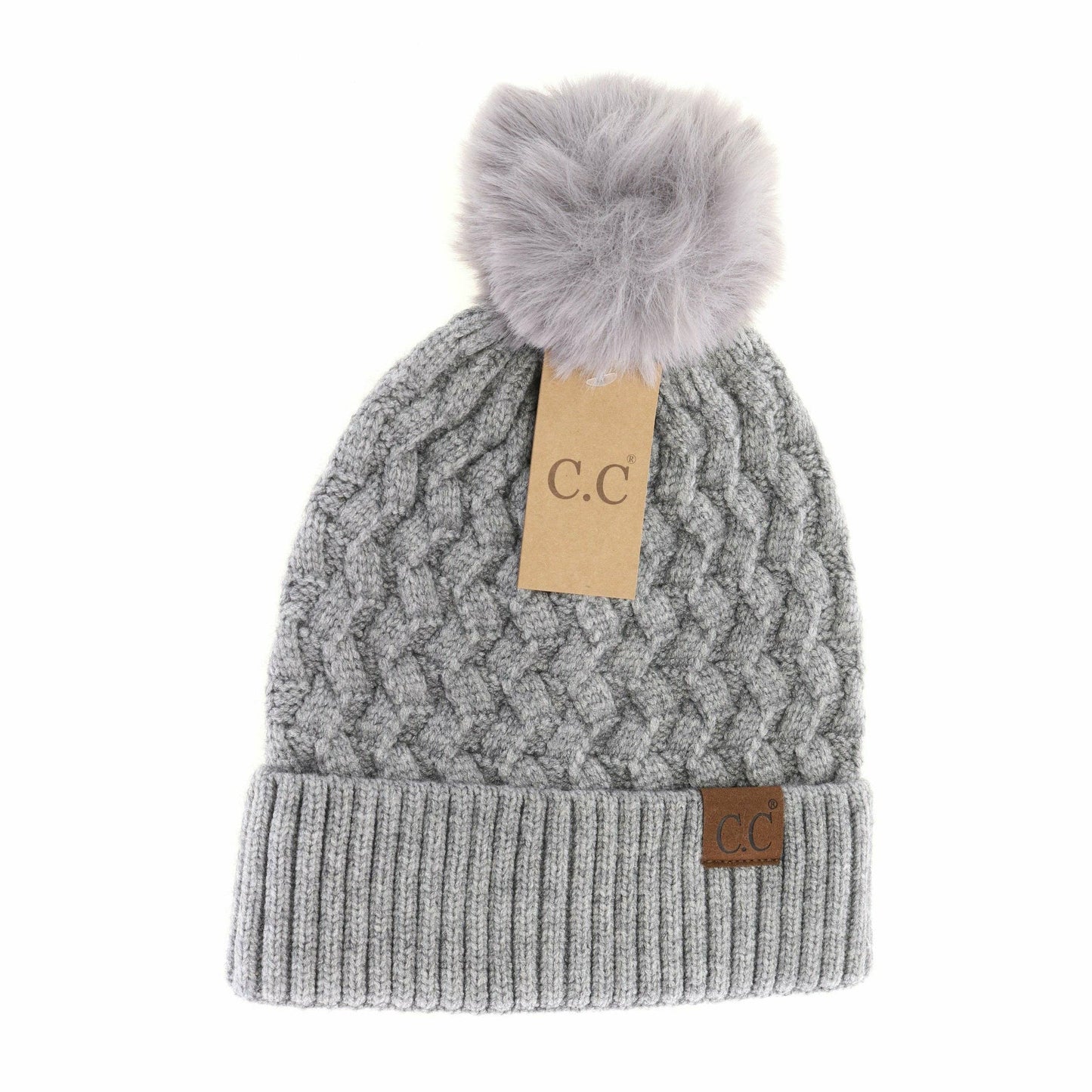 Woven Cable Knit Cuffed Matching Fur Pom C.C Beanie HAT3861